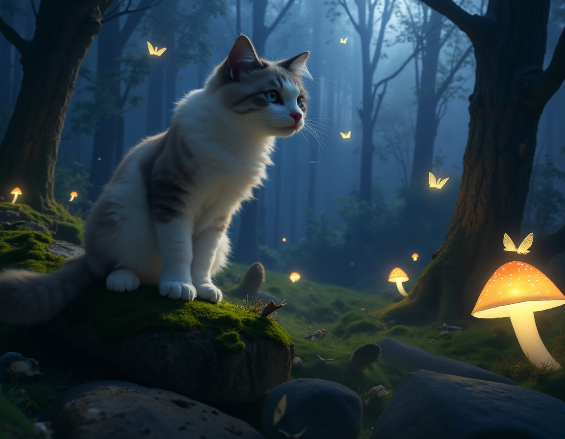 Cat explores a twilight forest alive with bioluminescent mushrooms, sparkling fireflies, and fluttering fairies. The scene captures a sense of enchantment and mystery under the soft glow of moonlight.